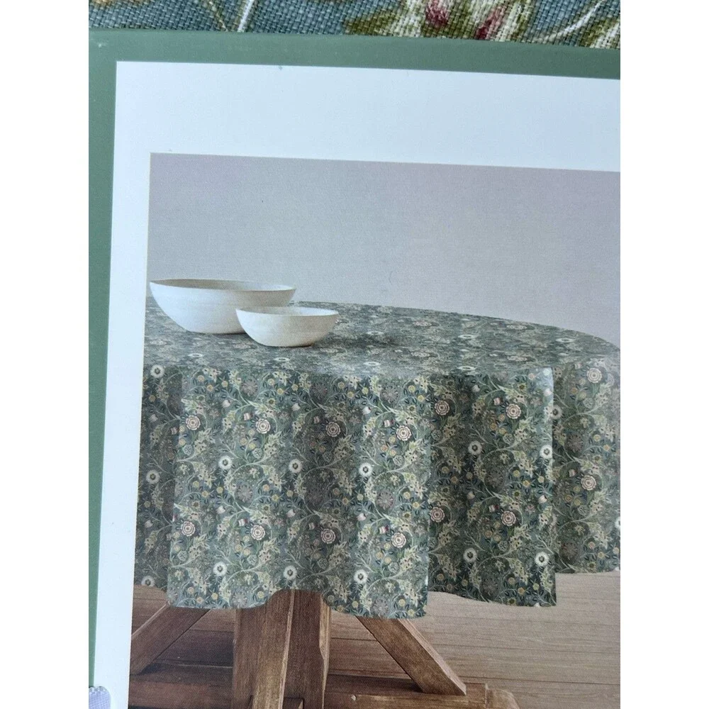 MORRIS & Co Wilhelmina 100% Cotton Tablecloth 90” ROUND Green Floral New